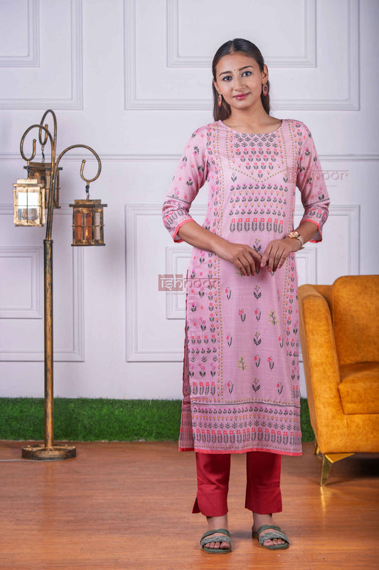Saanjh Hand Printed Cotton Kurti with Pant - blush-pink