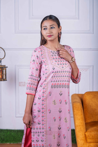 Saanjh Hand Printed Cotton Kurti with Pant - blush-pink