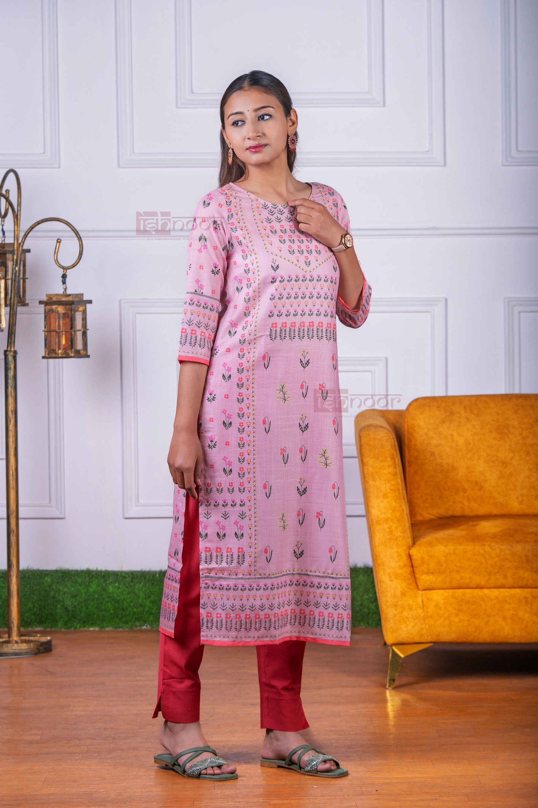 Saanjh Hand Printed Cotton Kurti with Pant - blush-pink