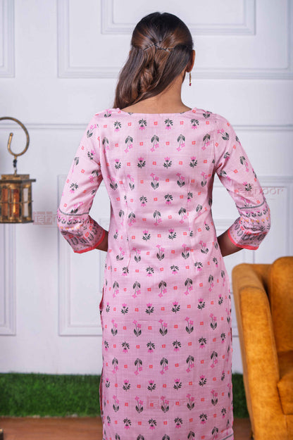 Saanjh Hand Printed Cotton Kurti with Pant - blush-pink