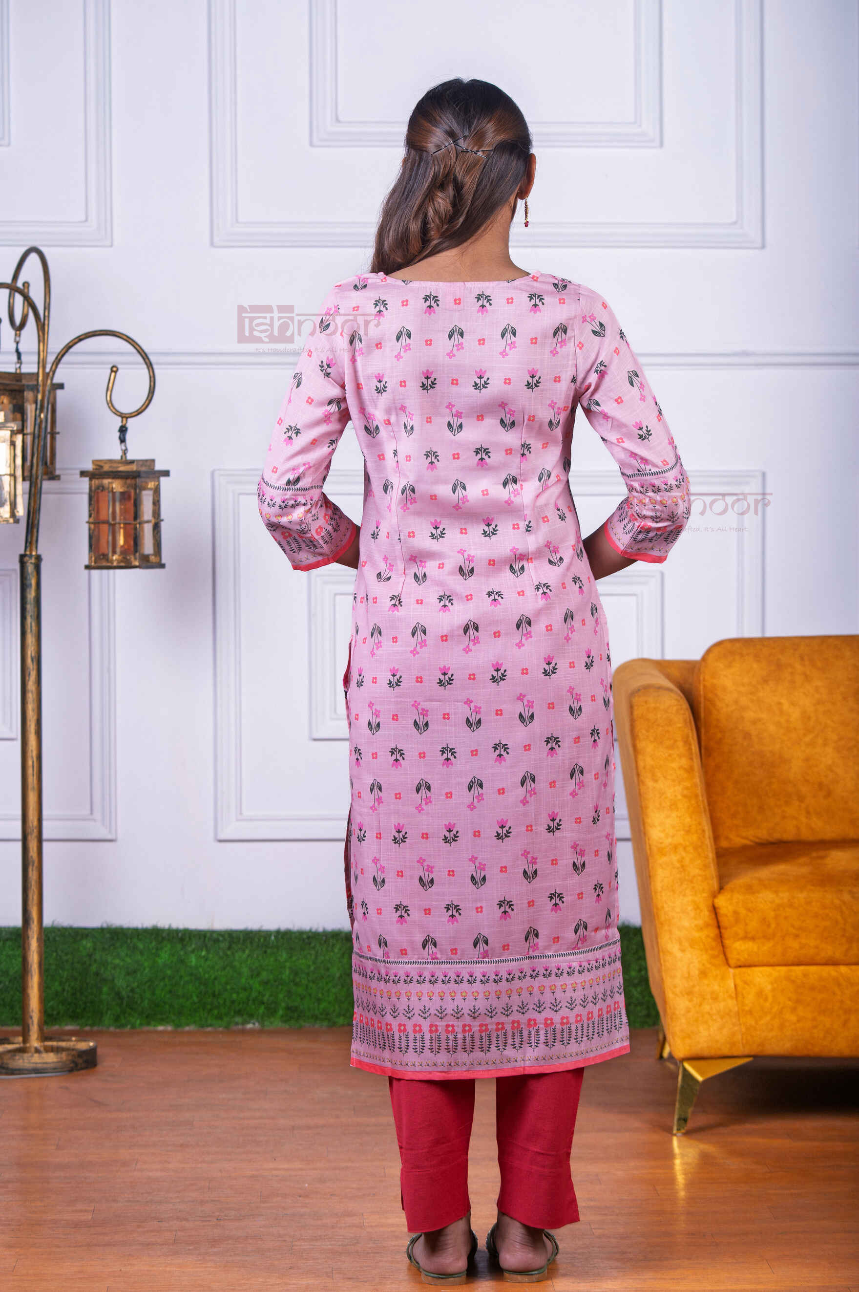 Saanjh Hand Printed Cotton Kurti with Pant - blush-pink