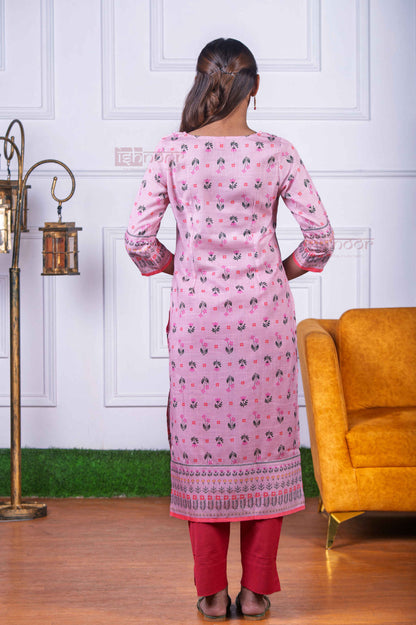 Saanjh Hand Printed Cotton Kurti with Pant - blush-pink