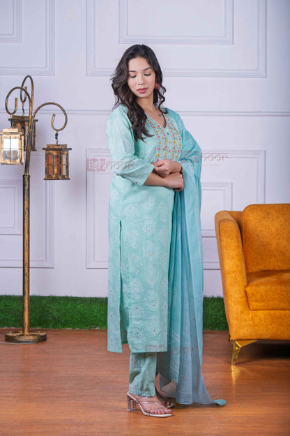 Saanjh Bandhej Print 3 Piece Stitched Suit Set with Dupatta 2 - mint-green