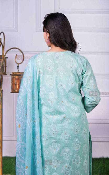 Saanjh Bandhej Print 3 Piece Stitched Suit Set with Dupatta 2 - mint-green