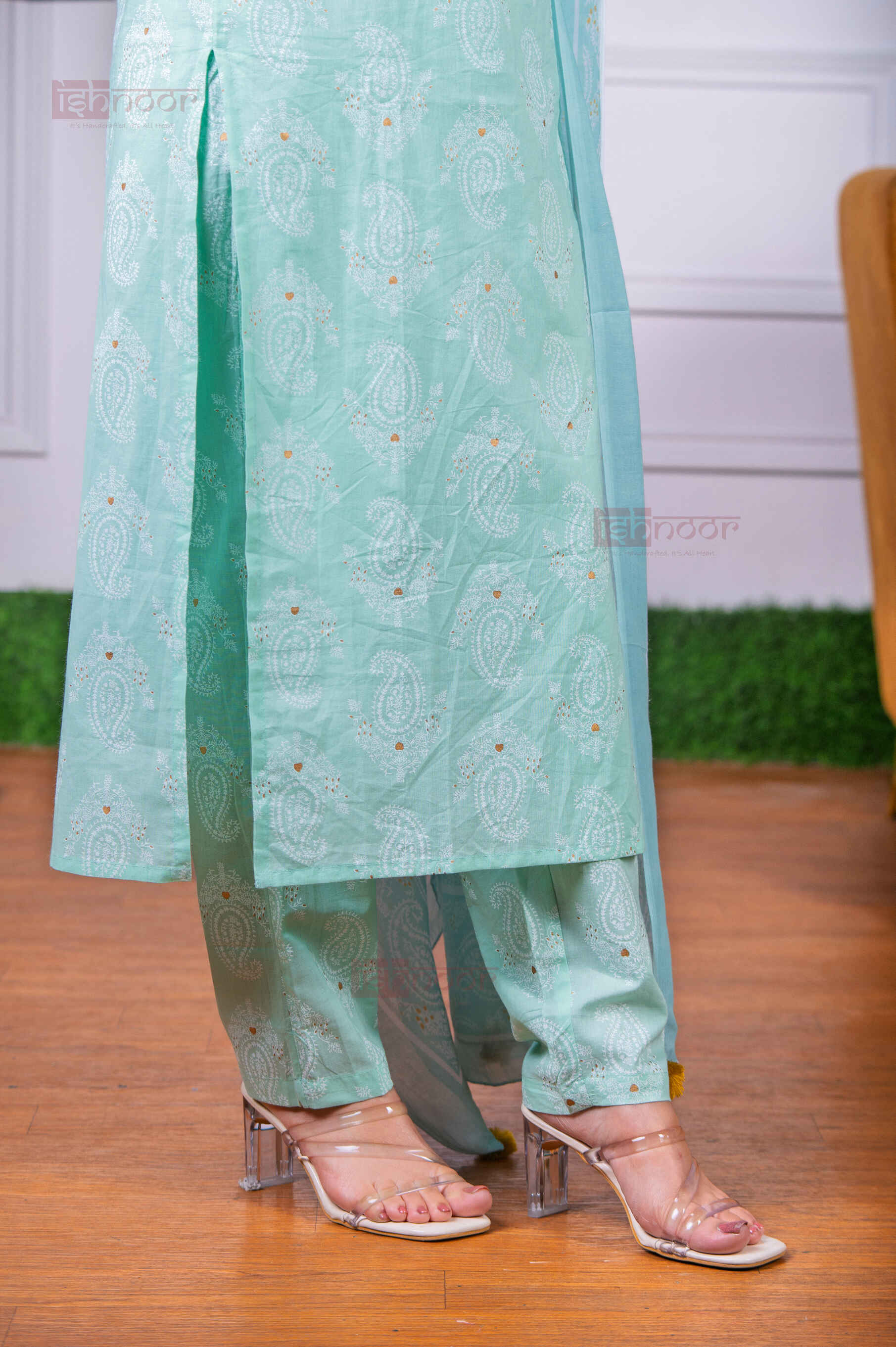 Saanjh Bandhej Print 3 Piece Stitched Suit Set with Dupatta 2 - mint-green