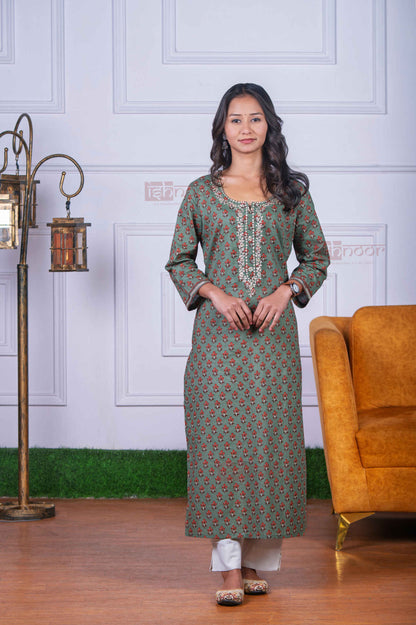 Saanjh Cotton Hand Printed Straight Kurti