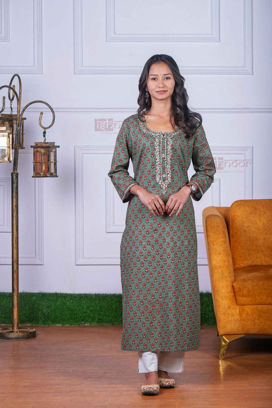 Saanjh Cotton Hand Printed Straight Kurti
