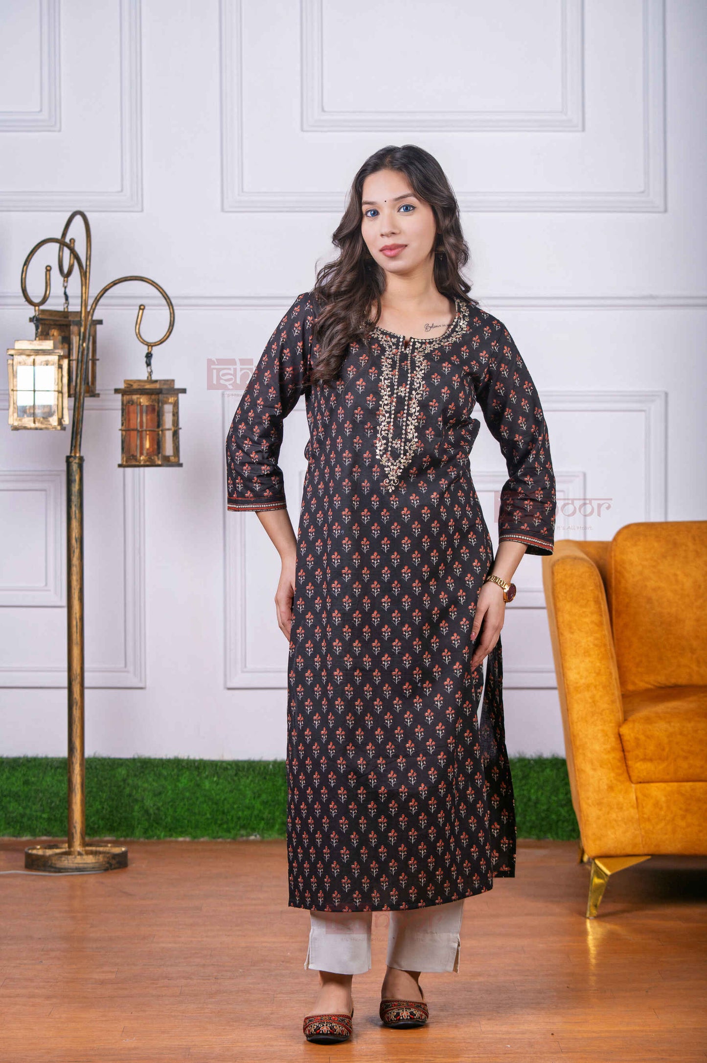 Saanjh Cotton Hand Printed Straight Kurti - black