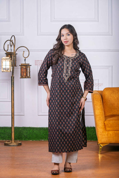 Saanjh Cotton Hand Printed Straight Kurti - black
