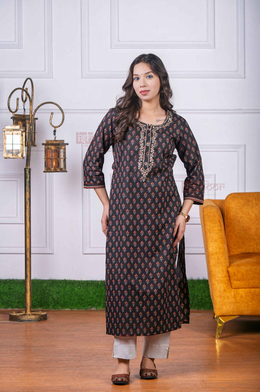 Saanjh Cotton Hand Printed Straight Kurti - black
