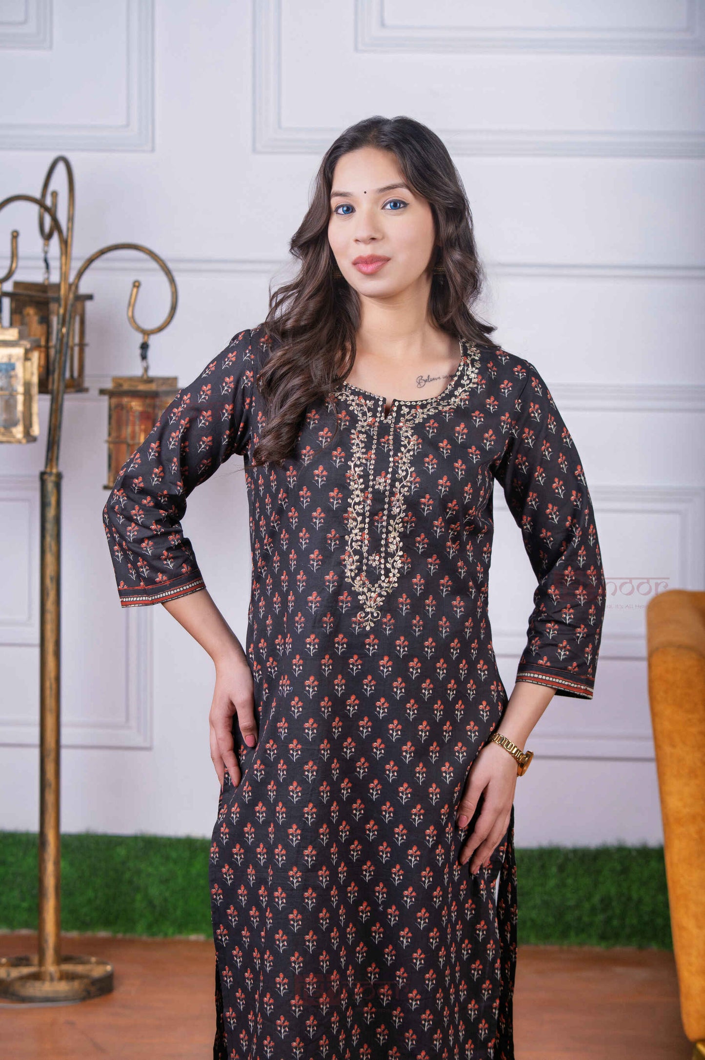 Saanjh Cotton Hand Printed Straight Kurti - black