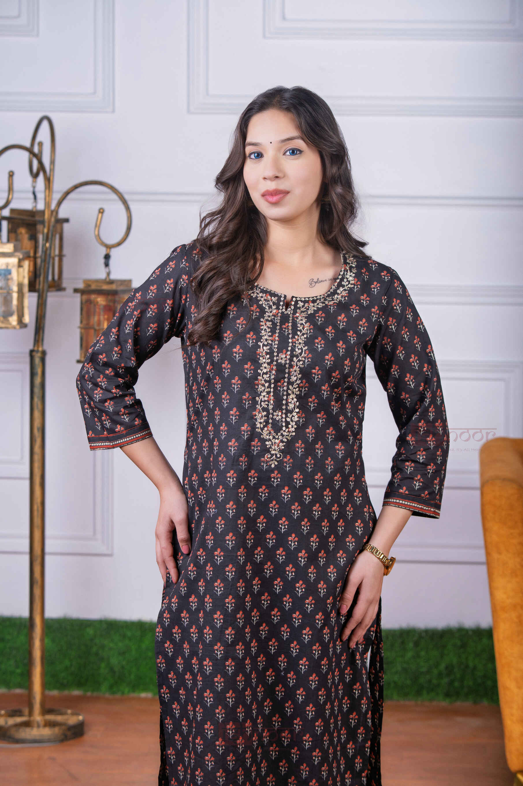 Saanjh Cotton Hand Printed Straight Kurti - black