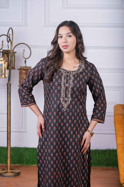 Saanjh Cotton Hand Printed Straight Kurti - black