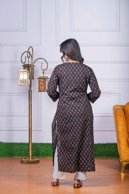 Saanjh Cotton Hand Printed Straight Kurti - black