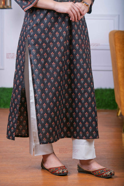 Saanjh Cotton Hand Printed Straight Kurti - black