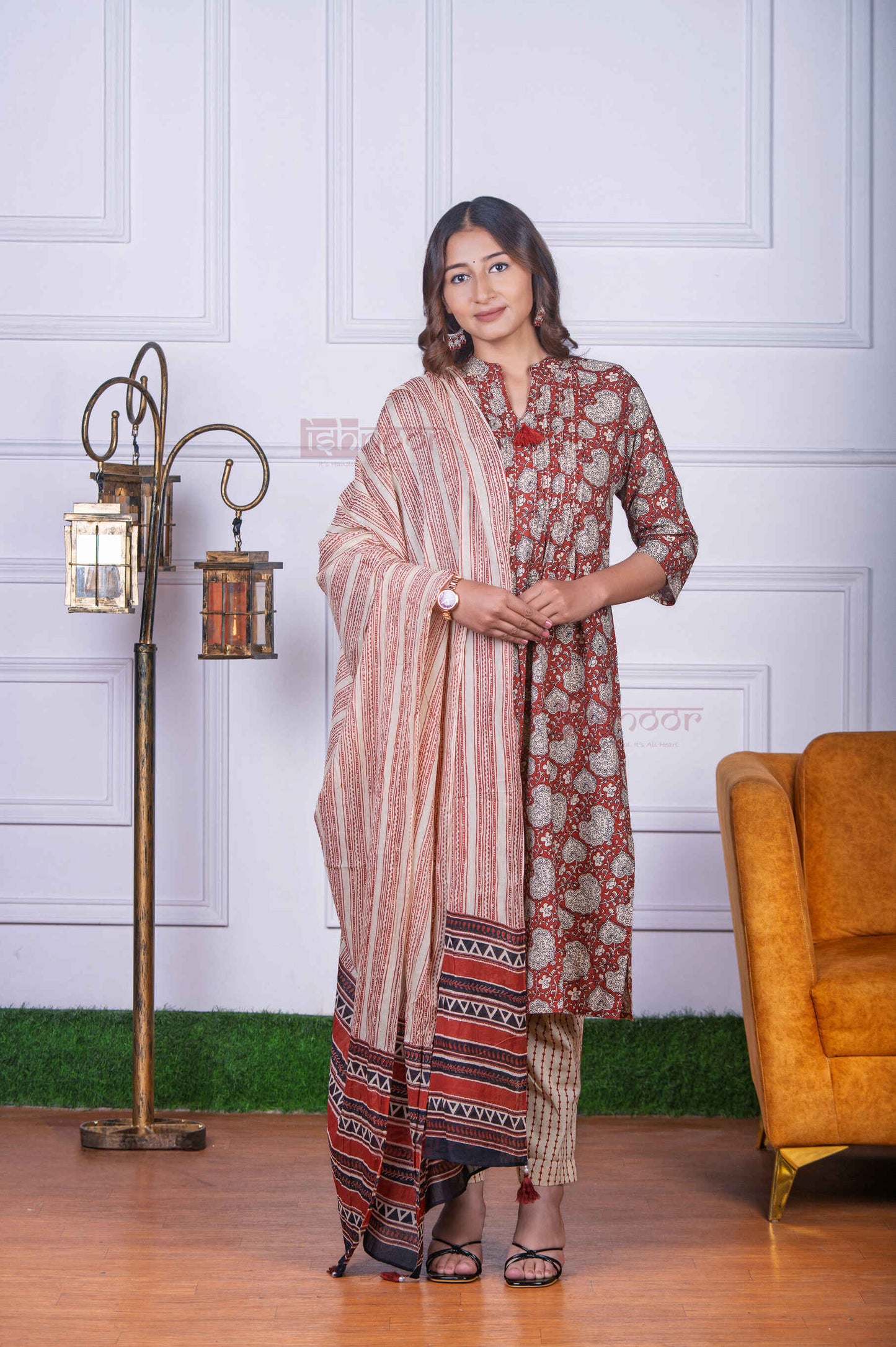 Saanjh 3 Piece Pintex Stitched Suit Set with Dupatta - deep-red