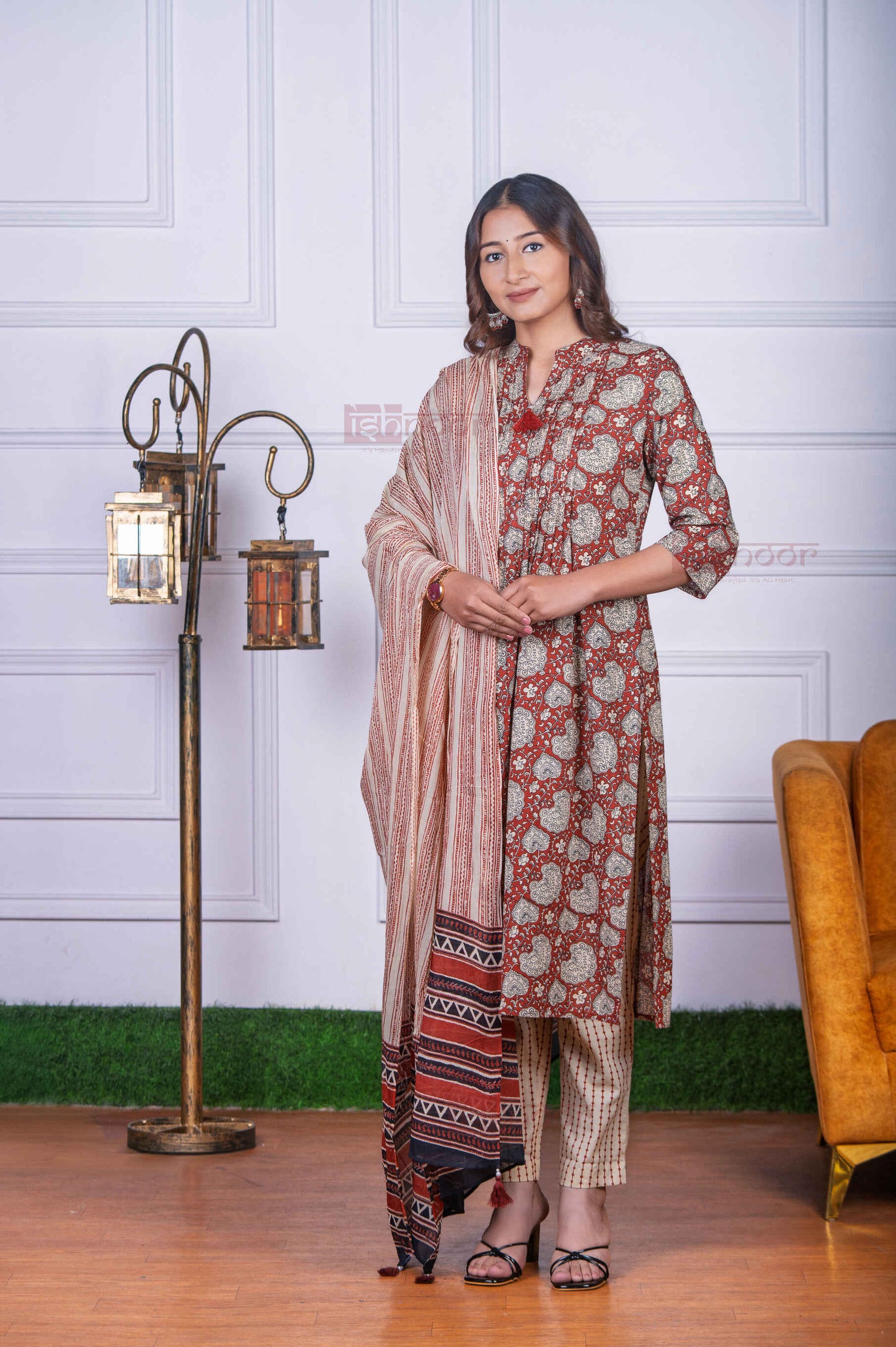 Saanjh 3 Piece Pintex Stitched Suit Set with Dupatta - deep-red