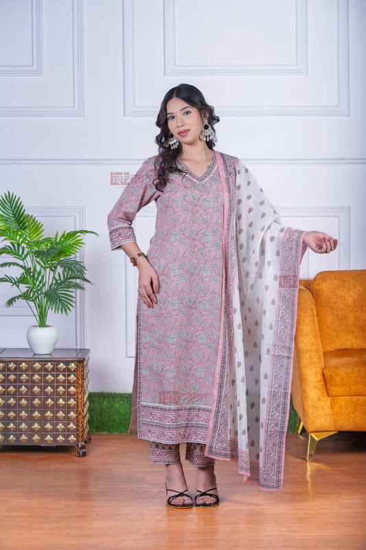 Saanjh 3 Piece Straight Stitched Suit Set with Lace Detailing - blush-pink