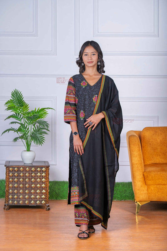 Saanjh 3 Piece Stitched Suit Set with Dupatta 3 - black