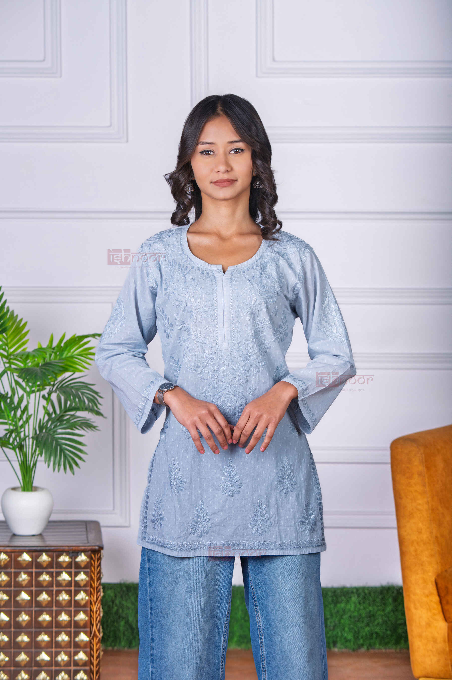 Aayat Short Dobby Cotton Chikankari Kurti - slate-blue
