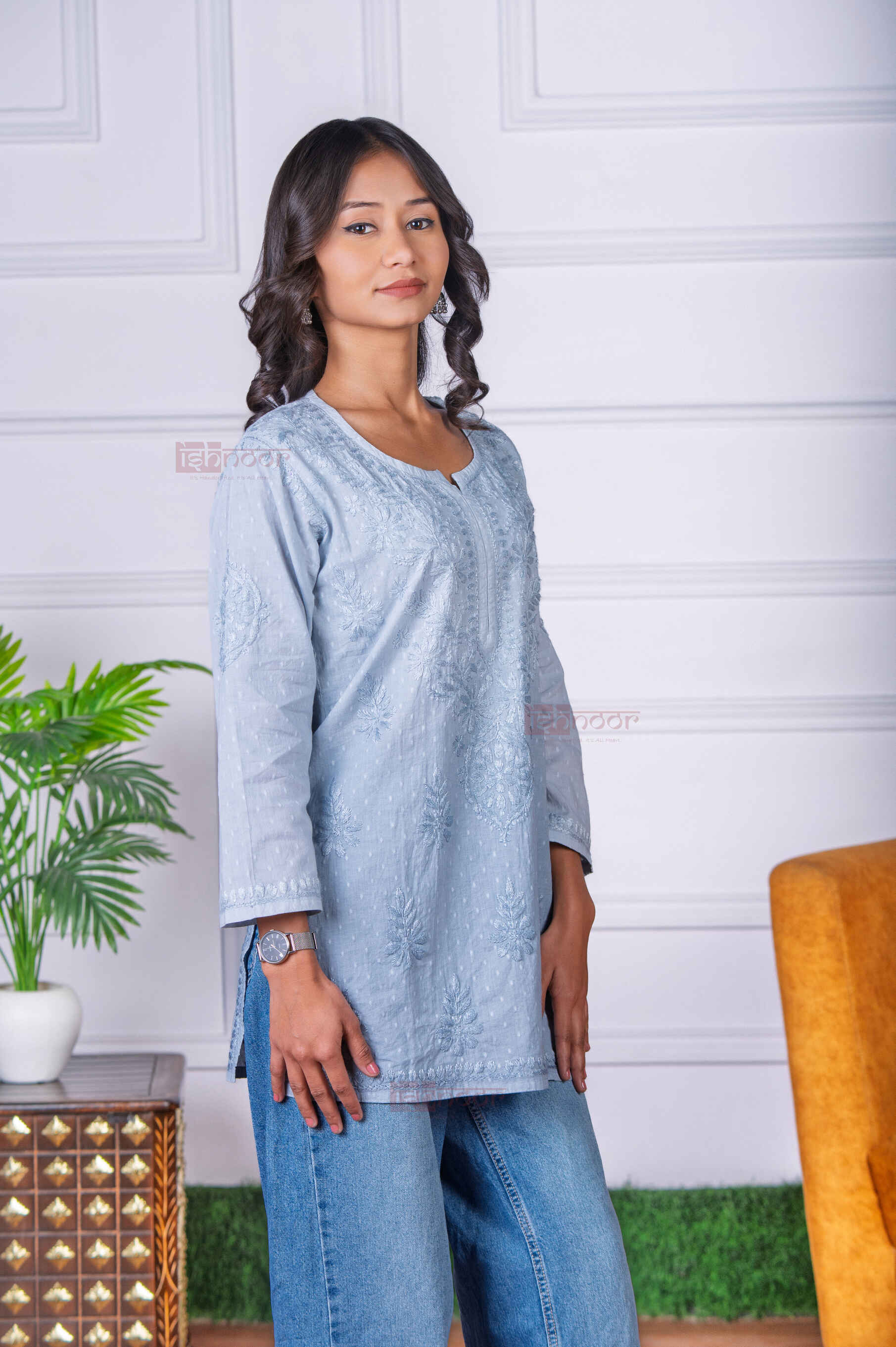 Aayat Short Dobby Cotton Chikankari Kurti - slate-blue