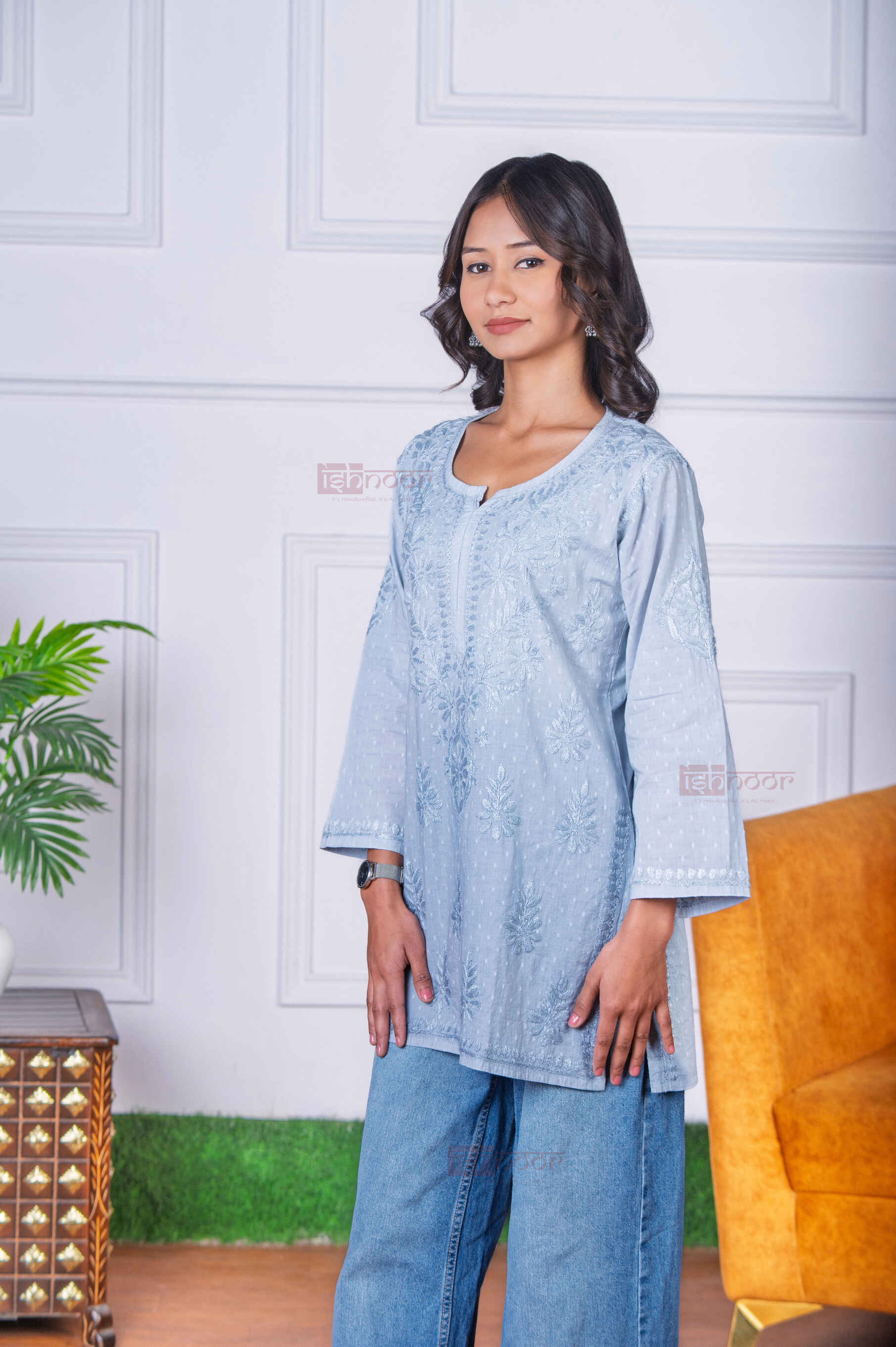 Aayat Short Dobby Cotton Chikankari Kurti - slate-blue