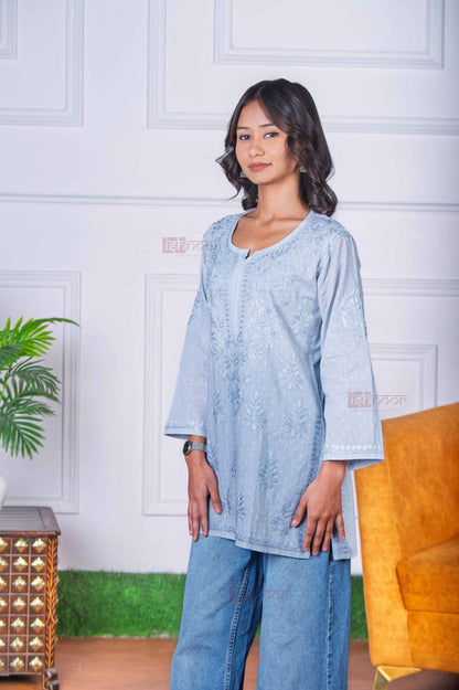 Aayat Short Dobby Cotton Chikankari Kurti - slate-blue