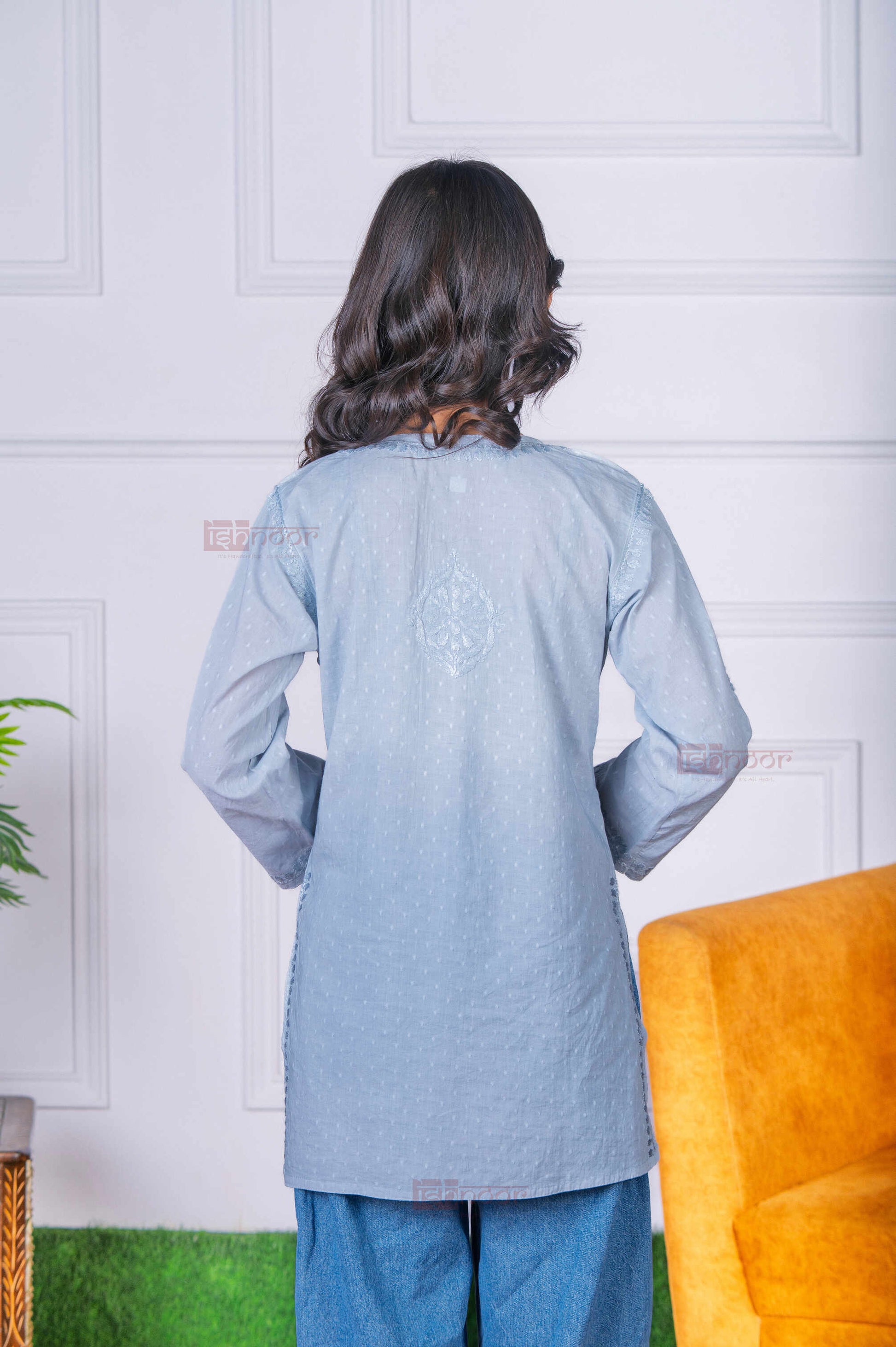 Aayat Short Dobby Cotton Chikankari Kurti - slate-blue
