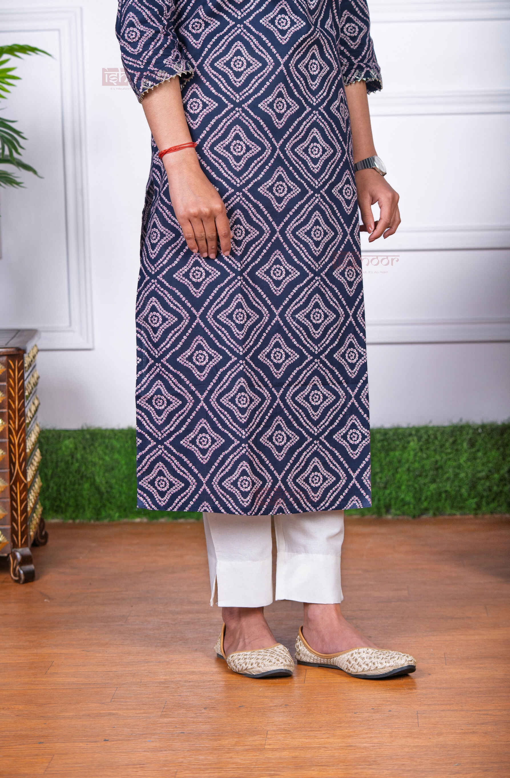 Saanjh Bandhej Print 3 Piece Stitched Suit Set with Dupatta - white