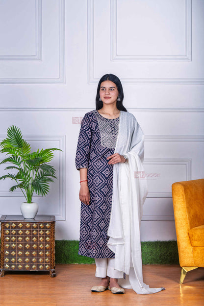 Saanjh Bandhej Print 3 Piece Stitched Suit Set with Dupatta - white