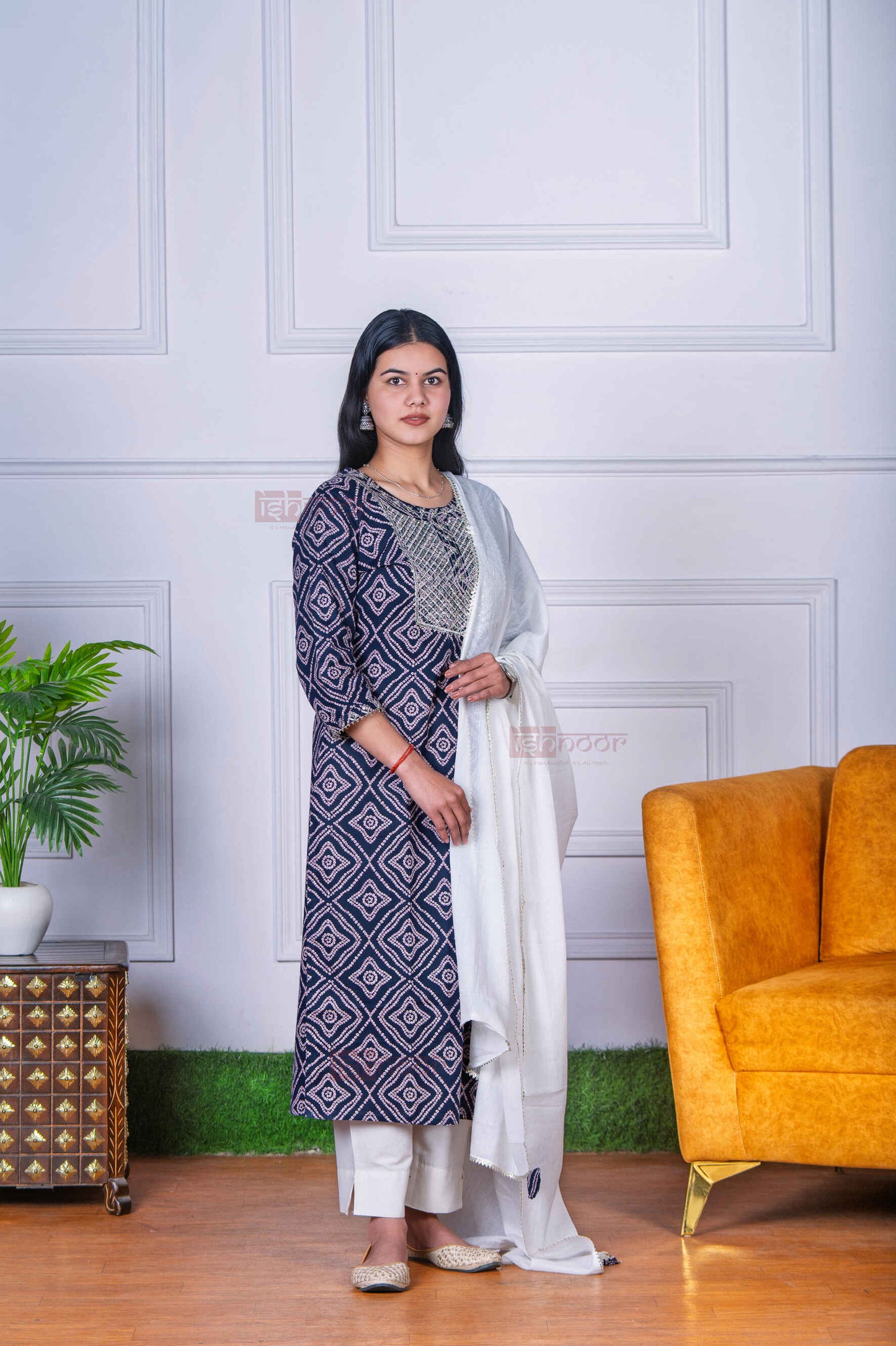 Saanjh Bandhej Print 3 Piece Stitched Suit Set with Dupatta - white