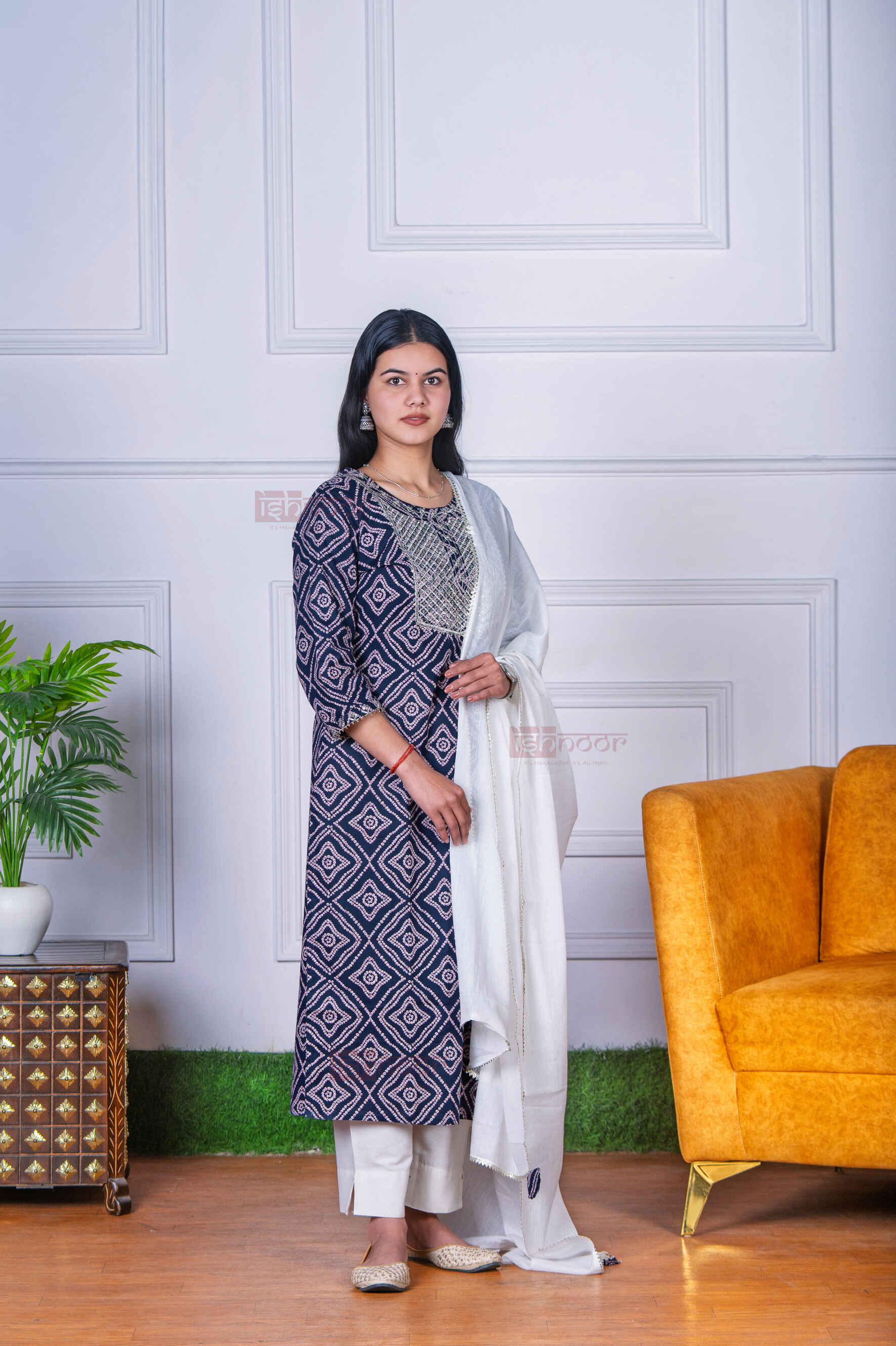 Saanjh Bandhej Print 3 Piece Stitched Suit Set with Dupatta - white
