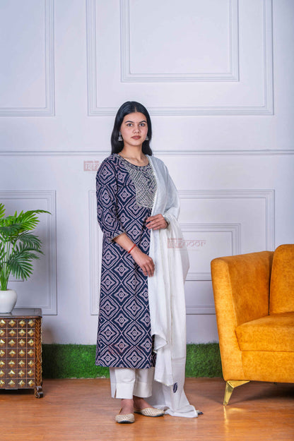 Saanjh Bandhej Print 3 Piece Stitched Suit Set with Dupatta - white