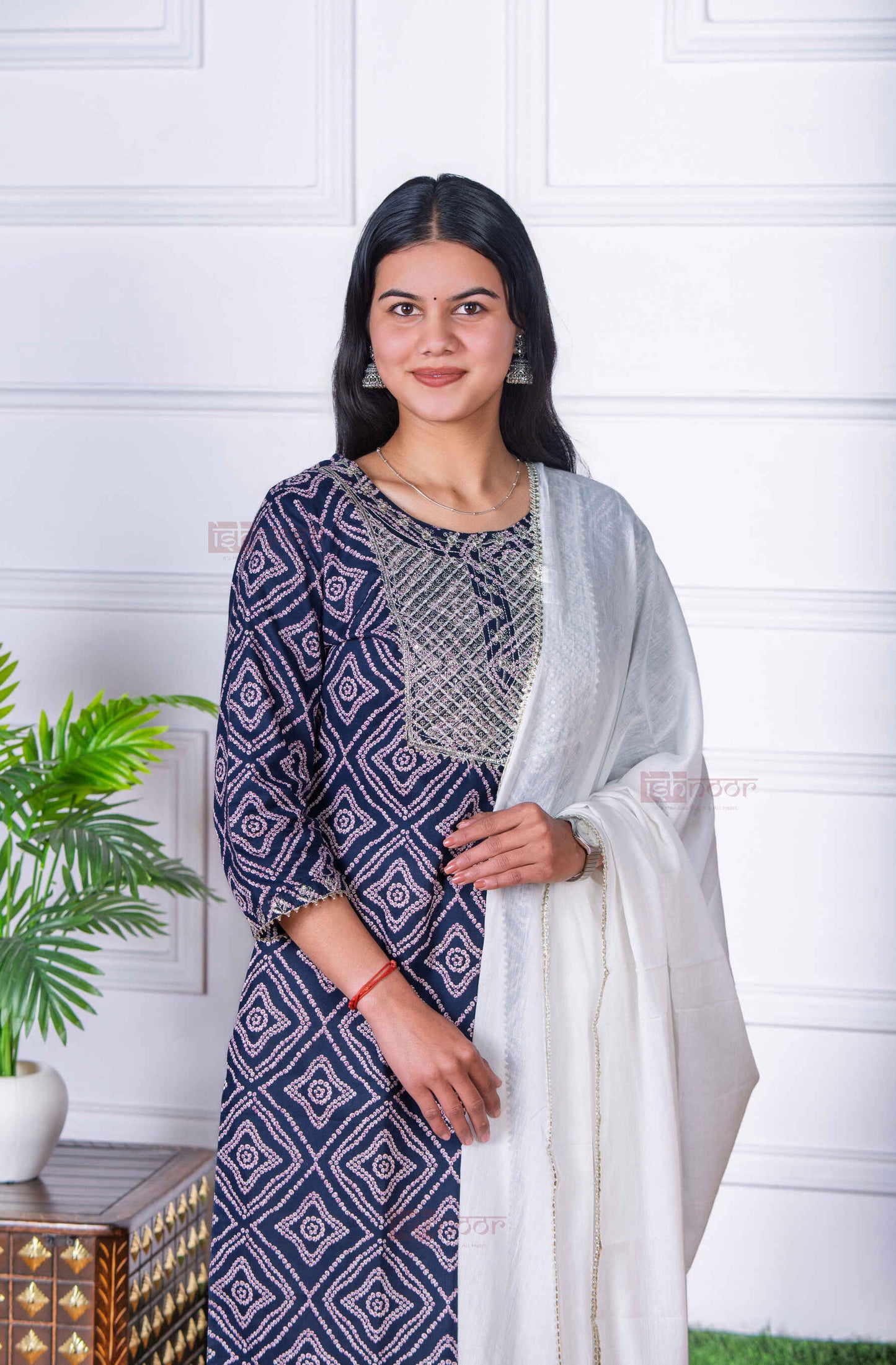 Saanjh Bandhej Print 3 Piece Stitched Suit Set with Dupatta - white