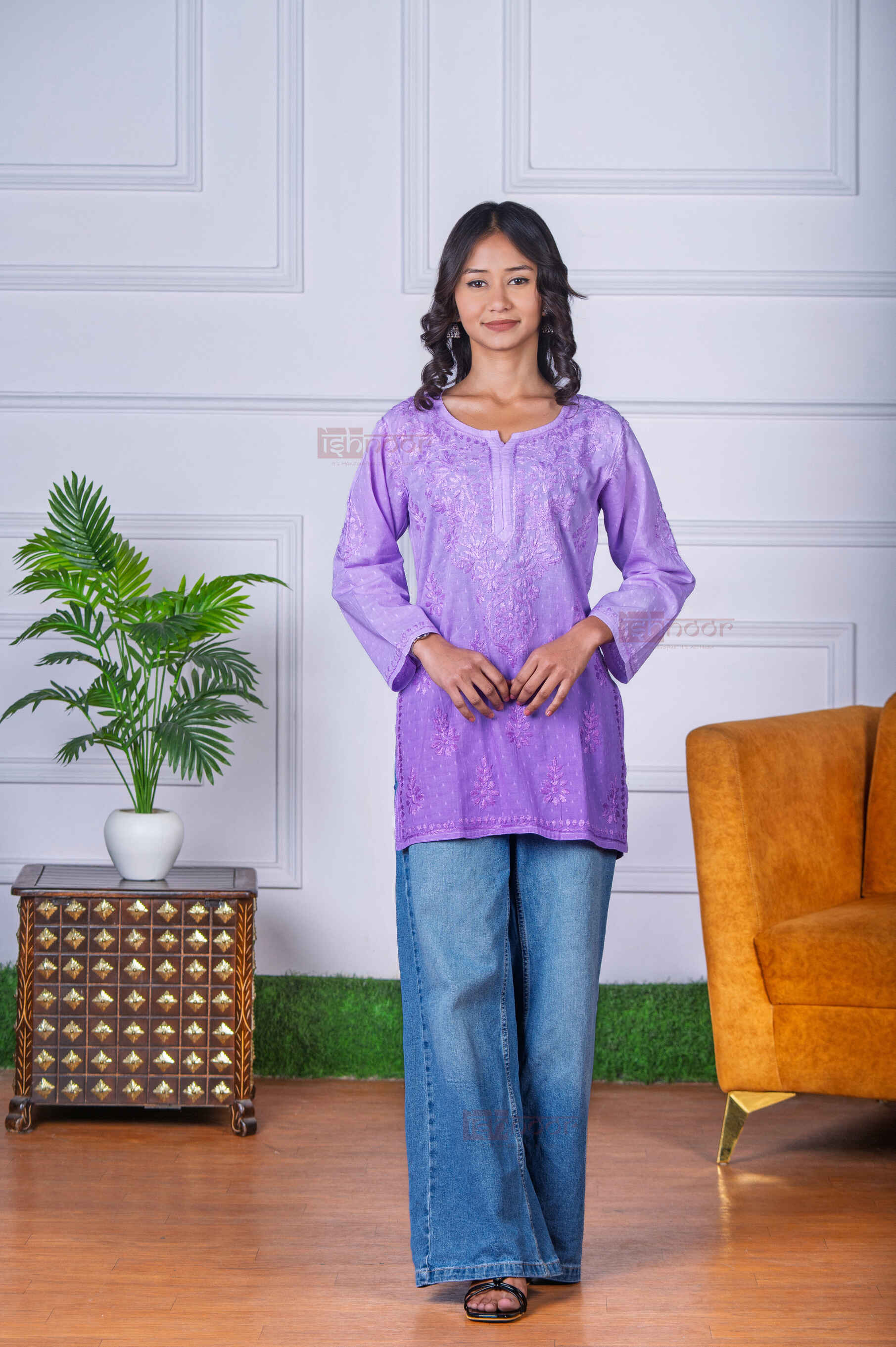 Aayat Short Dobby Cotton Chikankari Kurti - lavender