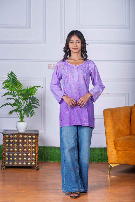 Aayat Short Dobby Cotton Chikankari Kurti - lavender