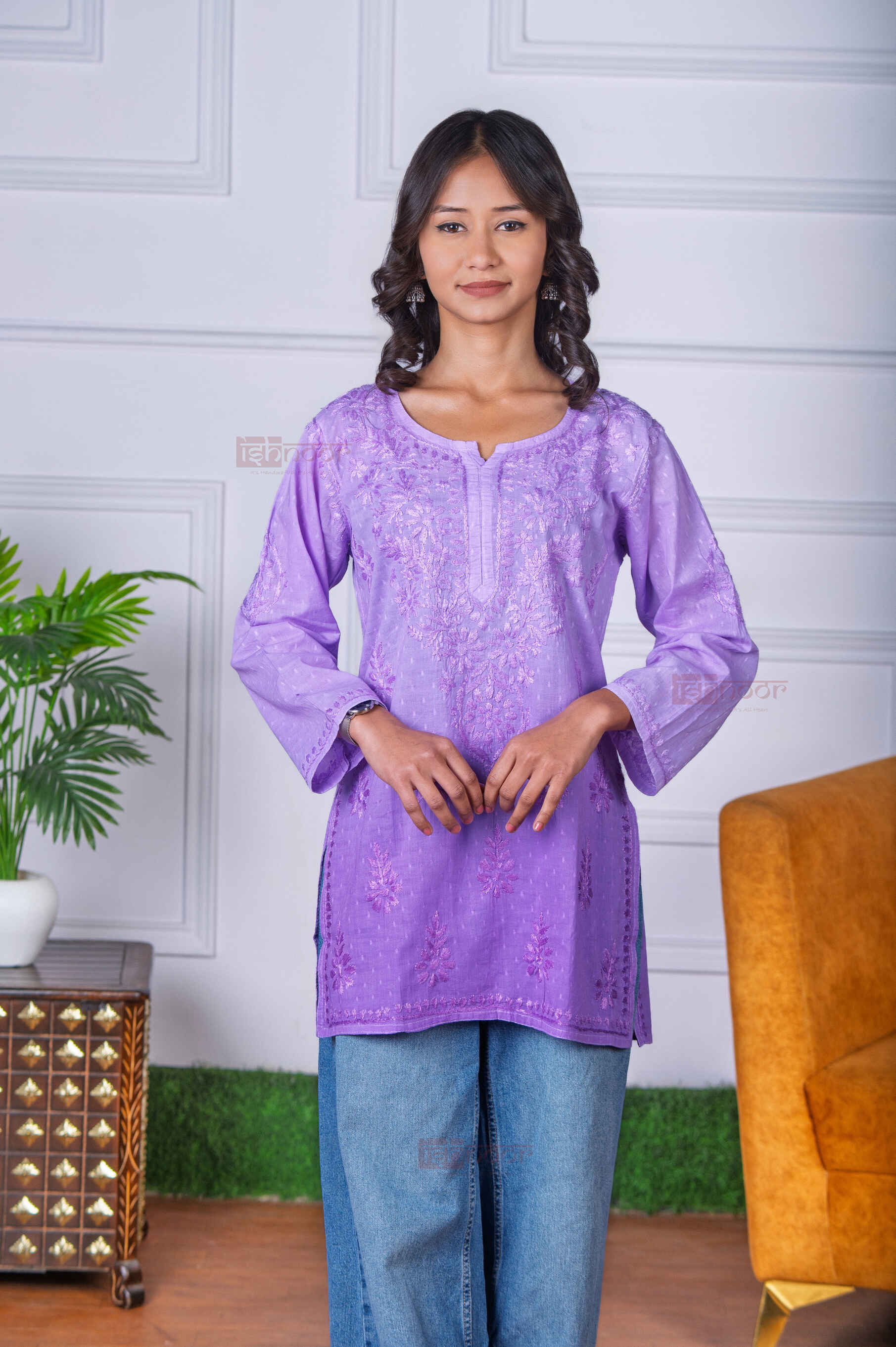 Aayat Short Dobby Cotton Chikankari Kurti - lavender