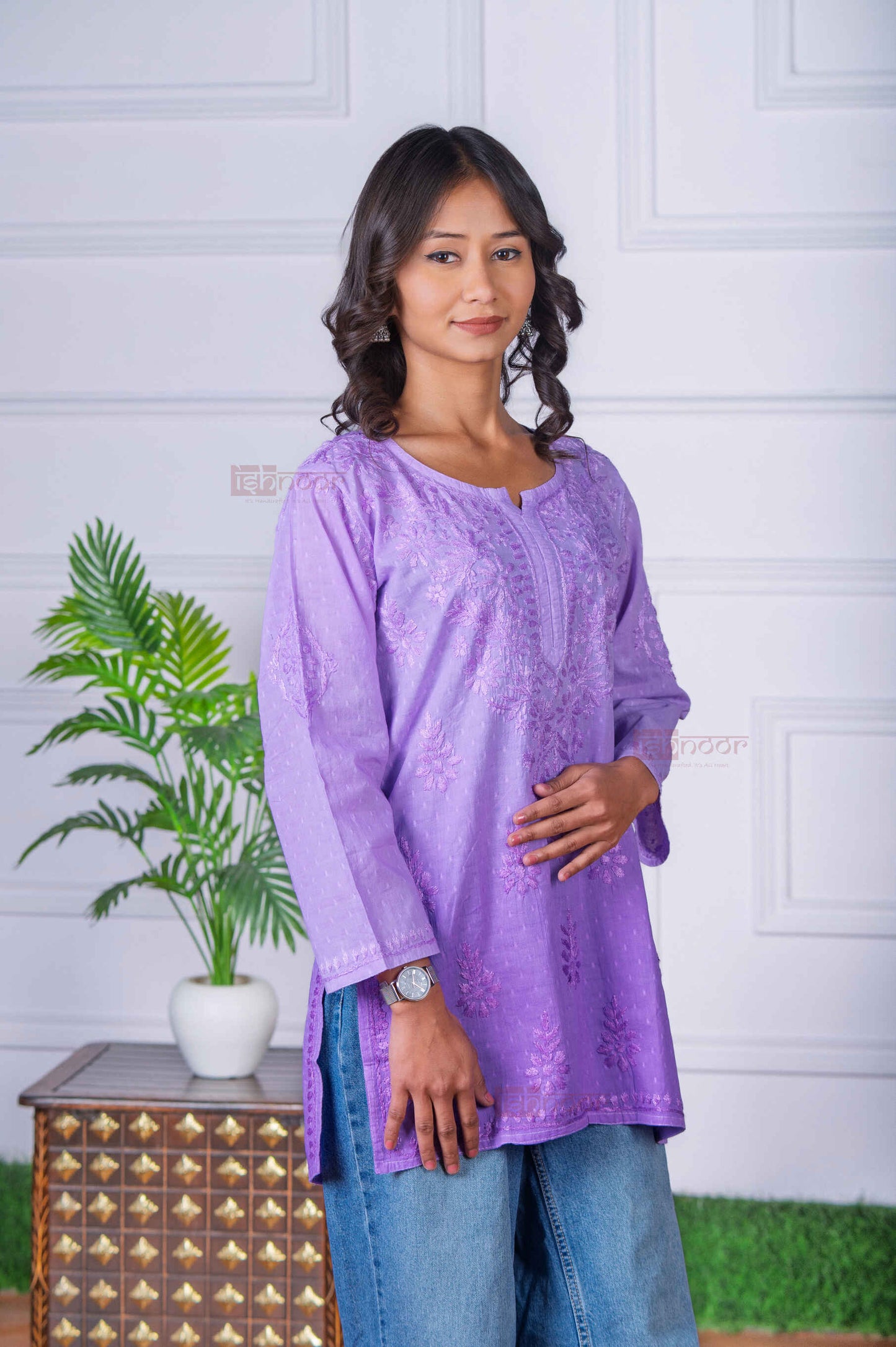 Aayat Short Dobby Cotton Chikankari Kurti - lavender