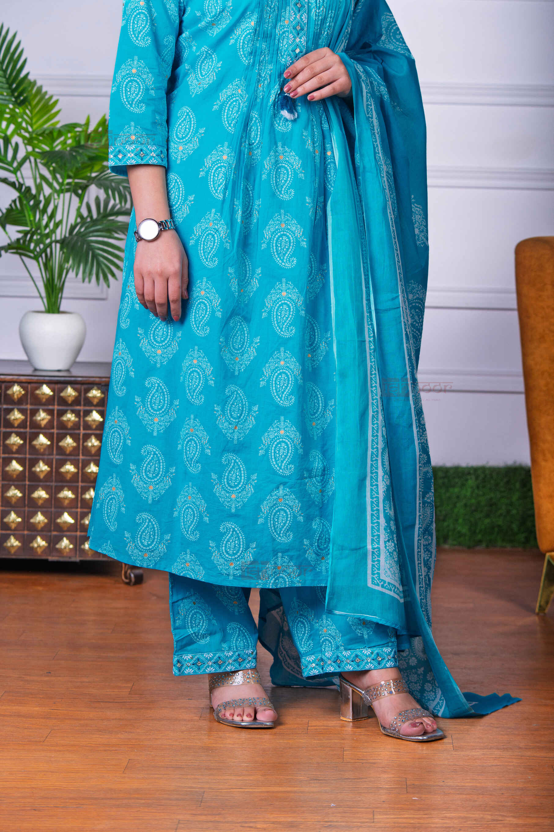 Saanjh Bandhej Print 3 Piece Stitched Suit Set with Dupatta 3 - mint-green
