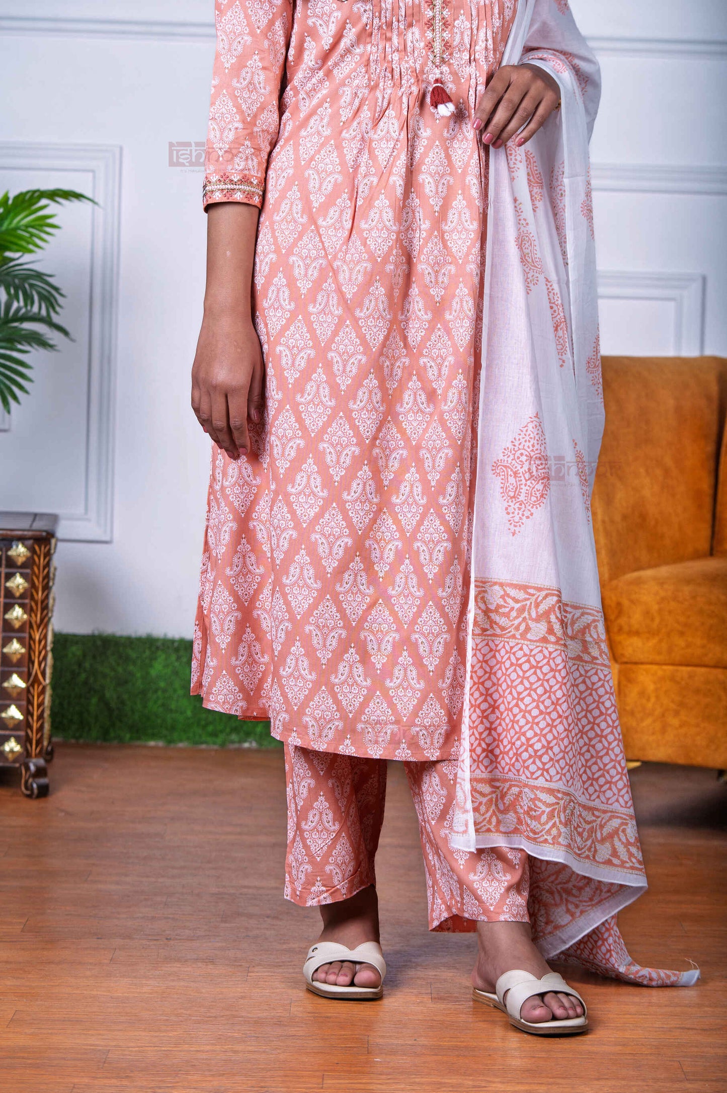 Saanjh Bandhej Print 3 Piece Stitched Suit Set with Dupatta 3 - soft-peach