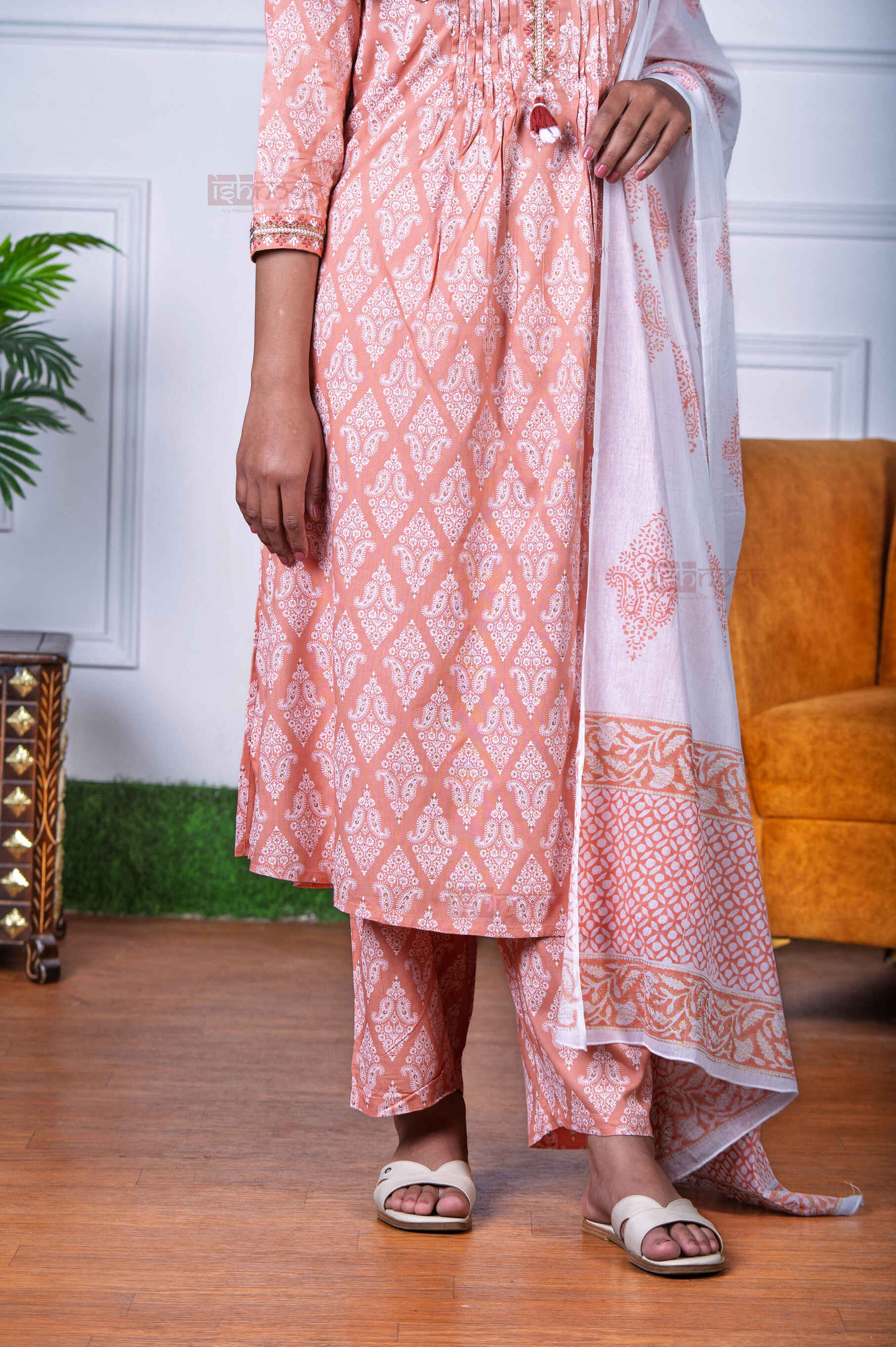 Saanjh Bandhej Print 3 Piece Stitched Suit Set with Dupatta 3 - soft-peach