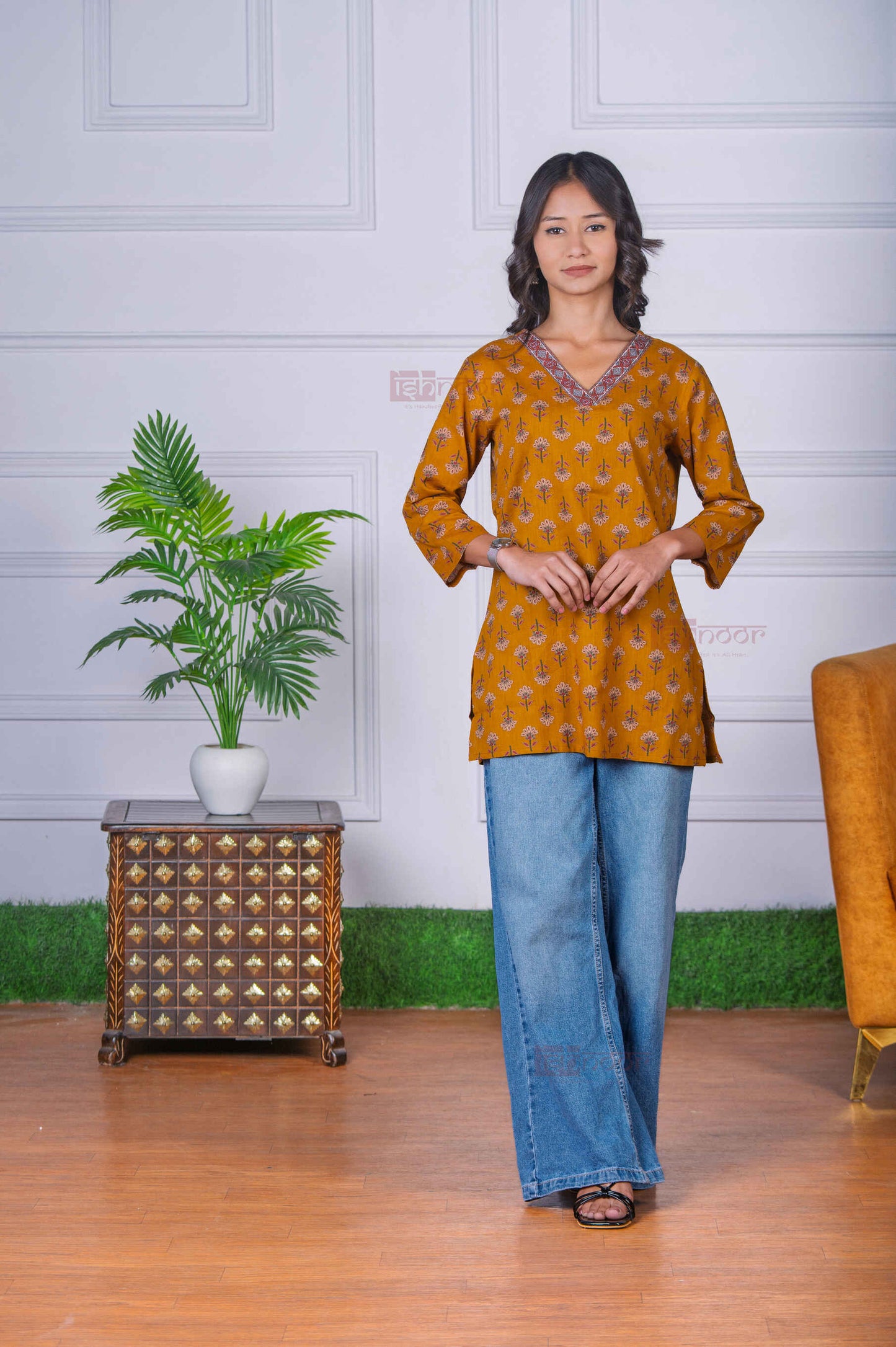 Saanjh Short Hand Printed Cotton Kurti - lemon-yellow