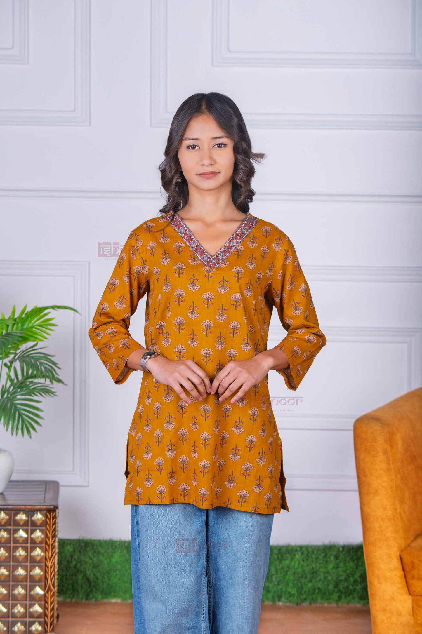 Saanjh Short Hand Printed Cotton Kurti - lemon-yellow