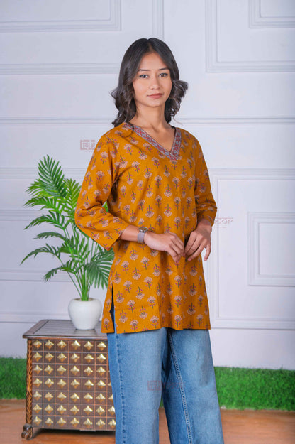 Saanjh Short Hand Printed Cotton Kurti - lemon-yellow