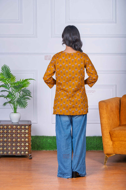 Saanjh Short Hand Printed Cotton Kurti - lemon-yellow
