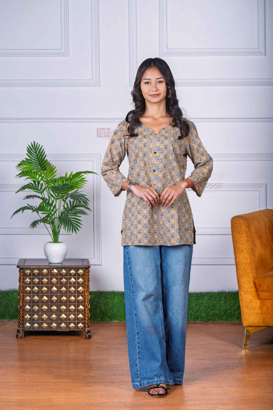 Saanjh Short Hand Printed Cotton Kurti - brown