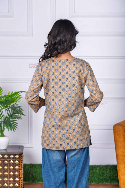Saanjh Short Hand Printed Cotton Kurti - brown