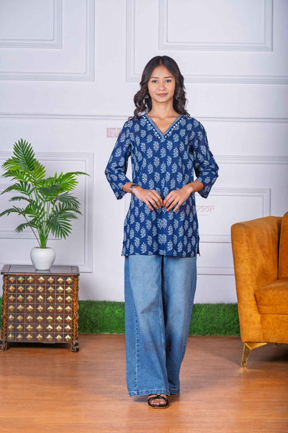 Saanjh Short Hand Printed Cotton Kurti - navy-blue