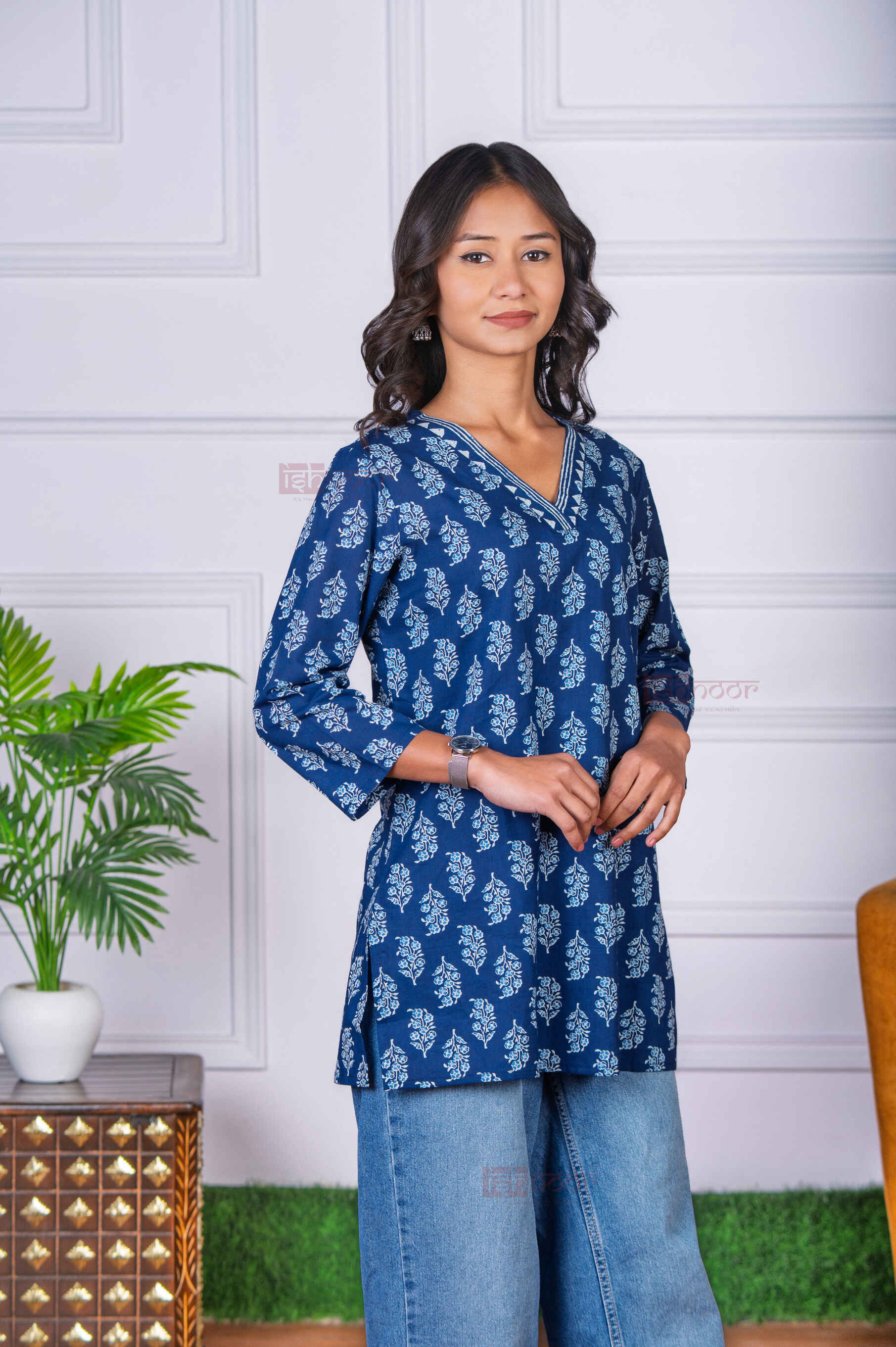 Saanjh Short Hand Printed Cotton Kurti - navy-blue