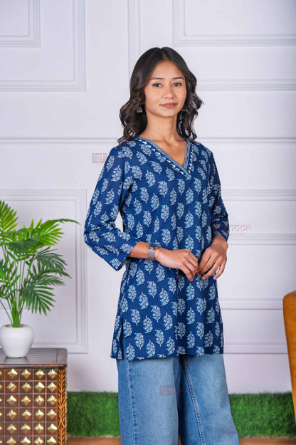 Saanjh Short Hand Printed Cotton Kurti - navy-blue